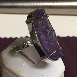 Natural Amethyst Crystal Brass Rhodium Size 8